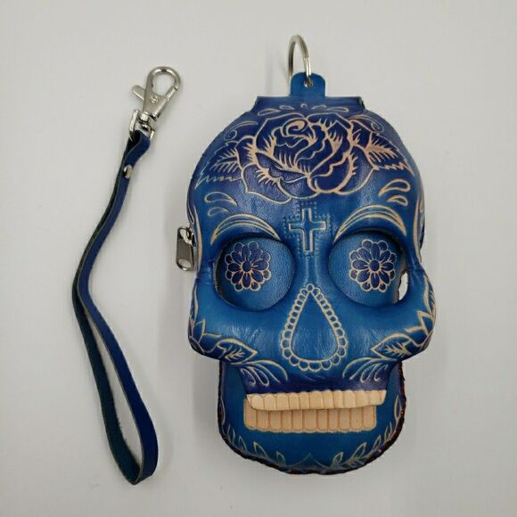 Sugar Skull Leather Wristlet Wallet Gift Small Pouch Keychain Day of the Dead - Picture 2 of 13